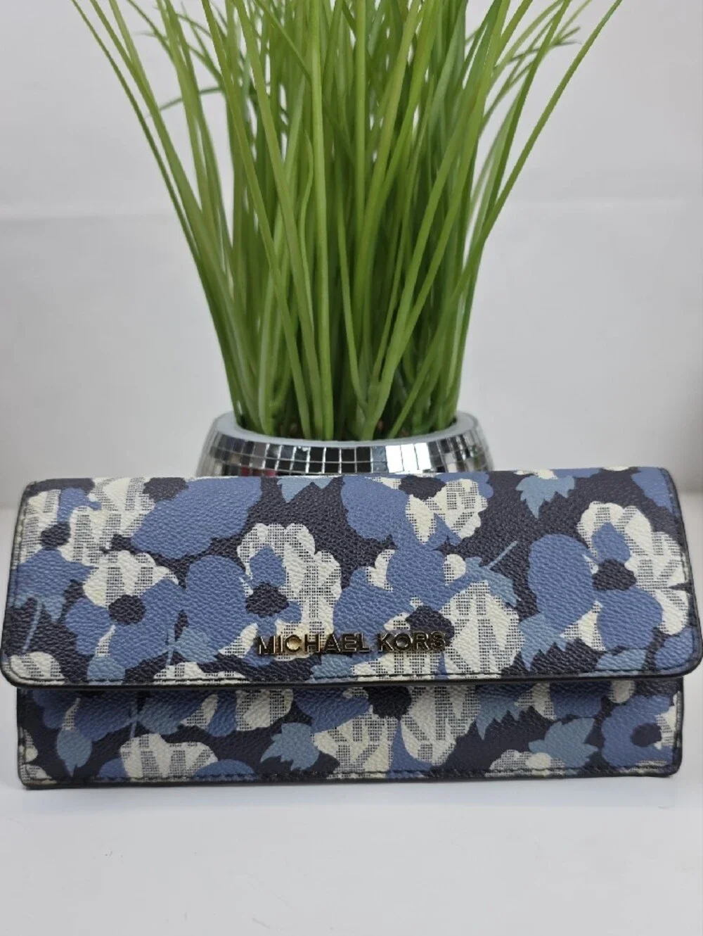 Michael Kors Navy, Blue & White Floral Continental Flat Wallet